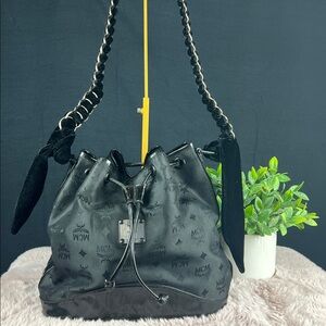 MCM Vintage Nylon Visetos Velvet Chain Bucket Drawstring Bag